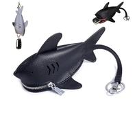 Leather Sharks Pouch Key Bag,Cute Shark Shape Car Key Bag with Keyring and Lanyard,Unique Cartoon Animal Zipper Coin Purse