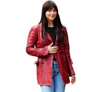 Leather Verse Madame Web Dakota Johnson Veste blazer en cuir rouge à double boutonnage pour femme, Rouge, XS