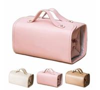 Leather Waterproof Cosmetic Bag,Portable 4-in-1 Foldable Cosmetic Bag,Detachable Large Capacity Makeup Organizer Toiletry Bag,Multi-Compartment Travel Accessories Makeup Case (Pink)