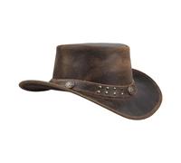 Leatherick Chapeau Cowboy - Chapeau de Style Western Australien en Cuir Crazy Horse clouté Marron avec Cordon de Menton (2XL, Marron (Goujon))