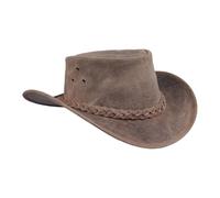 Leatherick Chapeau de Cow-Boy en Cuir véritable Style Western Aussie Crazy Horse avec mentonnière (L, Fou Beige Marron)