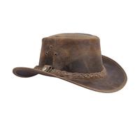 Leatherick Chapeau de Cow-Boy en Cuir véritable Style Western Aussie Crazy Horse avec mentonnière (S, Fou Tan Brun)