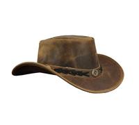 Leatherick Chapeau de Cowboy Conchos Marron Chapeau de Style Outback Vintage avec Large Bord et Cordon de Menton (M, Marron (Tresse))