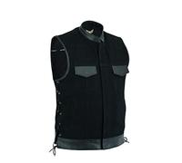 Leatherick Gilet de motard sans manche en jean noir avec poches Lacets sur le côté Parties en cuir Style SOA - Noir (4XL)