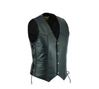 Leatherick Gilet de moto classique en cuir de vache pour homme avec lacets latéraux Noir - Noir - M