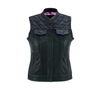 Leatherick Gilet de moto en cuir noir pour femme - Doublure traditionnelle en satin cachemire avec coutures cœur rose et rouge (as4, alpha, s, regular, regular, Coeur Rose Cousu)