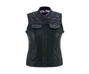 Leatherick Gilet de moto en cuir noir pour femme - Doublure traditionnelle en satin cachemire avec coutures cœur rose et rouge (as4, alpha, s, regular, regular, Coeur Rose Cousu)