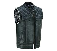 Leatherick Gilet de moto en cuir noir pour homme - Doublure en cachemire satiné traditionnel Coutures en diamant blanc et tressage tressé à la main (as4, numeric, numeric_60, regular, regular)