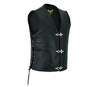 Leatherick Gilet de Moto en cuir Véritable Noir Pour Homme - Design tressé classique, Lacets latéraux et Fermeture éclair Gilet de Motard Pour Homme avec Boucles en Hameçon (4XL) - Noir