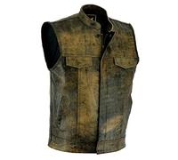 Leatherick SOA - Gilet de moto en cuir pour homme avec 8 poches intérieures, double fermeture, Marron vieilli, Large