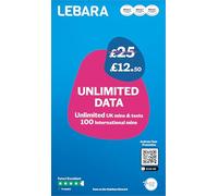 Lebara Carte SIM mobile avec forfait de données illimité pour 12,50 £, moitié prix pour les 3 premiers mois, sans contrat, appels britanniques, SMS, minutes internationales, itinérance européenne et