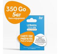Lebara - Carte SIM Prépayée - 350 Go 5G sur Le Réseau SFR - Appels & SMS Illimités en France - 4h vers 60 Pays - sans Engagement - Valable 30 Jours
