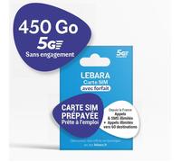 Lebara - Carte SIM Prépayée 450 Go 5G SFR - Appels & SMS Illimités France & 60 Pays - 19 Go UE - Sans Engagement 30 Jours