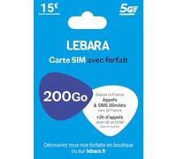 Lebara SIM, appels et SMS illimités France + 200Go en 5G+ 2h vers 43 pays , prête à l'emploi