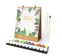 Lebartm Calendrier 2026 - Peinture par numéros - 12 plantes vertes différentes - Fleurs en pot - Peintes à la main - Calendrier de bureau pour la maison et le bureau - Plantes vertes