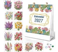 Lebartm Calendrier de bureau 2027 à faire soi-même - Design créatif - Papier épais - Dates et fleurs - Motif double face - Peinture diamant - Rabat mensuel - Pour table, maison, bureau, planification