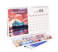 Lebartm Calendrier mural 2026 - Peinture par numéros - 12 attractions célèbres différentes dans le monde - Peint à la main - Peint à l'huile - Calendrier à suspendre pour la maison, le bureau, la