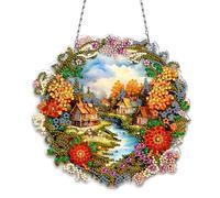 Lebartm DIY Diamond Pendentif Ornement Printemps PET Forme Spéciale Cristal Diamant Peinture à Suspendre Simple Face Perceuse Ornement Maison Jardin Murale Porte Decor-Village River01