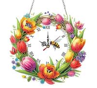 Lebartm DIY Diamond Wall Clock Pendentif Diamond Art Peinture Acrylique Horloge avec Chaîne Cristal Strass Pendentif Perceuse Artisanat Décoration Murale Maison -Flower01