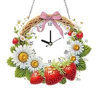 Lebartm Horloge murale en diamant à faire soi-même - Peinture en acrylique avec chaîne - Pendentif en cristal - Décoration murale - Fraise