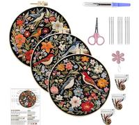 Lebartm Kit de broderie 3 pièces pour débutants - Kit de broderie au point de croix - Motif oiseaux et fleurs - Kit de fils à broder pour les amateurs d'artisanat - Point à la main avec fils de 15 cm
