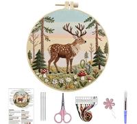 Lebartm Kit de broderie au point de croix pour débutants - Kit de fils à broder pour les amateurs d'artisanat - Point à la main avec fils de tissu - Cerceau de 20 cm - Cerf-02