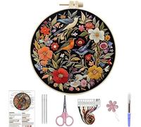 Lebartm Kit de broderie au point de croix pour débutants - Motif oiseaux et fleurs - Kit de fils à broder pour les amateurs d'artisanat - Point à la main avec fils de 15 cm - Tissu cerceau - Oiseaux
