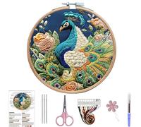 Lebartm Kit de broderie au point de croix pour débutants - Motif paon - Kit de fils à broder pour les amateurs d'artisanat, point à la main avec fils de 15 cm - Tissu cerceau - Peafowl02