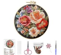 Lebartm Kit de broderie pour débutants - Kit de broderie au point de croix - Motif fleurs colorées - Kit de fils à broder pour les amateurs d'artisanat, point à la main avec cerceau et fils en tissu
