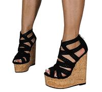 LEBE Talons Hauts Plateforme compensée Sandale Bout Ouvert Mode Sangle croisée Bois Grain compensé Sexy Sandales à Talons Hauts Chaussures de Cour-Black||45