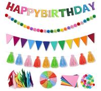 LEBENGURU Lot de 4 bannières pré-enfilées « Happy Birthday » en feutre 3D « Happy Birthday » - Guirlande à pompons multicolores - Décorations de fête réutilisables pour intérieur et extérieur