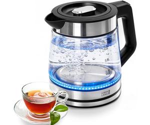 LEBENLANG Bouilloire en verre compacte - 1,2 litre avec éclairage LED I Design en acier inoxydable bouilloire sans BPA 1 L / 1,2 L I Petite bouilloire de voyage pour camping Bouilloire en verre