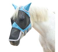 Leberna Masque anti-mouches en maille fine pour cheval - Grand espace pour les yeux - Long nez avec oreilles - Protection UV pour cheval - Bleu lac - Poney