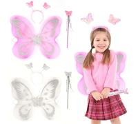 LEBKFT Lot de 2 ailes de fée pour enfants, ensemble d'ailes avec baguette de fée et bandeau papillon, convient pour une fête à thème d'anniversaire et d'Halloween, déguisement de princesse ange (rose