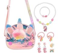 LEBKFT Parure de bijoux licorne 9 pièces pour filles de 3 à 8 ans avec sac à bandoulière en peluche, collier, bracelet, boucles d'oreilles, bagues, cadeaux d'anniversaire rose pour filles de 4, 5, 6