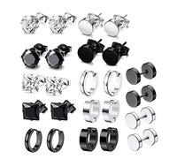 LEBOCADO 10-12Paires Boucles d'oreille Clip Homme, Hommes Inoxydable Boucles d'oreilles en Acier Inoxydable Boucles d'oreilles Noir Ronde en Argent Ziconia Cubique Unisexe Boucles d'oreilles (set 1)