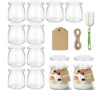 LEBOKJ Lot de 12 pots à yaourt en verre 200 ml avec couvercles, sans BPA, + 1 brosse, 24 étiquettes et 3 m de ficelle, pour yaourt maison, pudding, desserts et conservation alimentaire