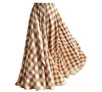 LEBOOBELL Jupe Carreaux Vintage Taille Haute Maxi Chiffon Élastique Doublée | Doublure au-dessus genou, Coupe A Légère, Volant Élégant, Tissu Respirant, Confort Été, Polyvalent, Ample