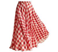 LEBOOBELL Jupe Carreaux Vintage Taille Haute Maxi Chiffon Élastique Doublée | Doublure au-dessus genou, Coupe A Légère, Volant Élégant, Tissu Respirant, Confort Été, Polyvalent, Ample