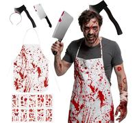 Leboria Déguisement Halloween Homme Femme - Set Horreur avec Tablier Ensanglanté, Faux Couteau, Serre-Tête Hache et 10 Tatouages Cicatrices - Accessoires Soirée à Thème, Cosplay, Carnaval, Fête