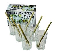 Lebrun Couverts - Coffret Mojito - 6 Verres Mojito - 6 Pailles Bambou - 1 Goupillon - Verre Cocktail - 36,5 cl - Kit Cocktail - Verre avec Paille Inclus - Paille Réutilisable