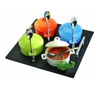 Lebrun Couverts - Service Mini Cocottes 9 Pièces - 4 Mini Cocottes - 4 Cuillères Mixtes - Plateau Ardoise + Poignées en Métal - Assiettes et Plats de Service - Idéal Pour les Apéritifs et Dégustations
