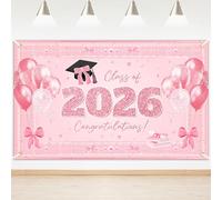 Lecheme Bannière rose de 1,8 x 1,1 m pour la e 2026 - Bannière de félicitations élégante avec nœud et perles - Toile de fond pour filles - Décoration de fête - Accessoires photo