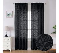 Lecloud Leia Lot de 2 Rideaux Transparents Jacquard Noirs de 243,8 cm de Long - Voilage texturé à Clips avec Double Passe-Tringle, Motif Feuilles de Ferme, pour Salon, Chambre à Coucher, 96,5 x 243,8