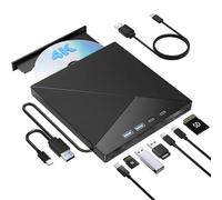 Lecteur Blu-Ray Externe 4K, Lecteur CD DVD +/-RW, graveur Portable, Optique avec Ports USB 3.0 Type-C, emplacements for Cartes SD et TF