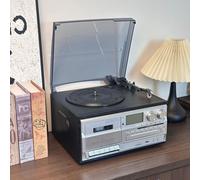 Lecteur cassette CD Bluetooth, tourne-disque rétro, platine vinyle à 3 vitesses et cassette avec télécommande et haut-parleurs intégrés pour divertissement, bureau, chambre à coucher
