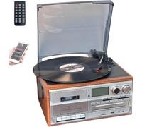 Lecteur CD/Bluetooth/Cassette 10-en-1, Platine Vinyle Rétro avec Télécommande, Haut-parleurs Intégrés, Ports USB/SD, Entrée Auxiliaire/Sortie Ligne RCA, À 3 Vitesses(Light Brown)