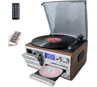 Lecteur CD, Bluetooth Et Cassette 10 en 1, Platine Vinyle Rétro avec Télécommande, Haut-parleurs Intégrés, USB/SD, Entrée Auxiliaire/Sortie Ligne RCA, À 3 Vitesses(Brown)