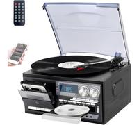 Lecteur CD, Bluetooth Et Cassette 10 en 1, Platine Vinyle Rétro avec Télécommande, Haut-parleurs Intégrés, USB/SD, Entrée Auxiliaire/Sortie Ligne RCA, À 3 Vitesses(Black)