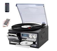 Lecteur CD/Cassette Bluetooth 10 en 1, Platine Vinyle rétro avec télécommande, Haut-parleurs intégrés, USB/SD, entrée auxiliaire/Sortie RCA, 3 Vitesses(Black)